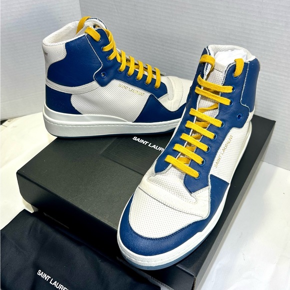 NEW SAINT LAURENT YSL SL/24 LEATHER SNEAKERS MID TOP WHITE BLUE SZ 42 61… - Picture 8 of 16